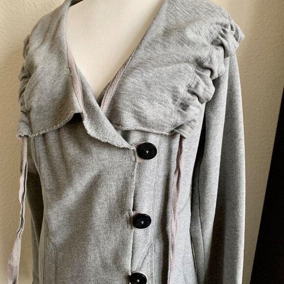 LUCKY BRAND Shrunken Grey Cotton Knit Jacket with Drawstring Collar L - Picture 4 of 8